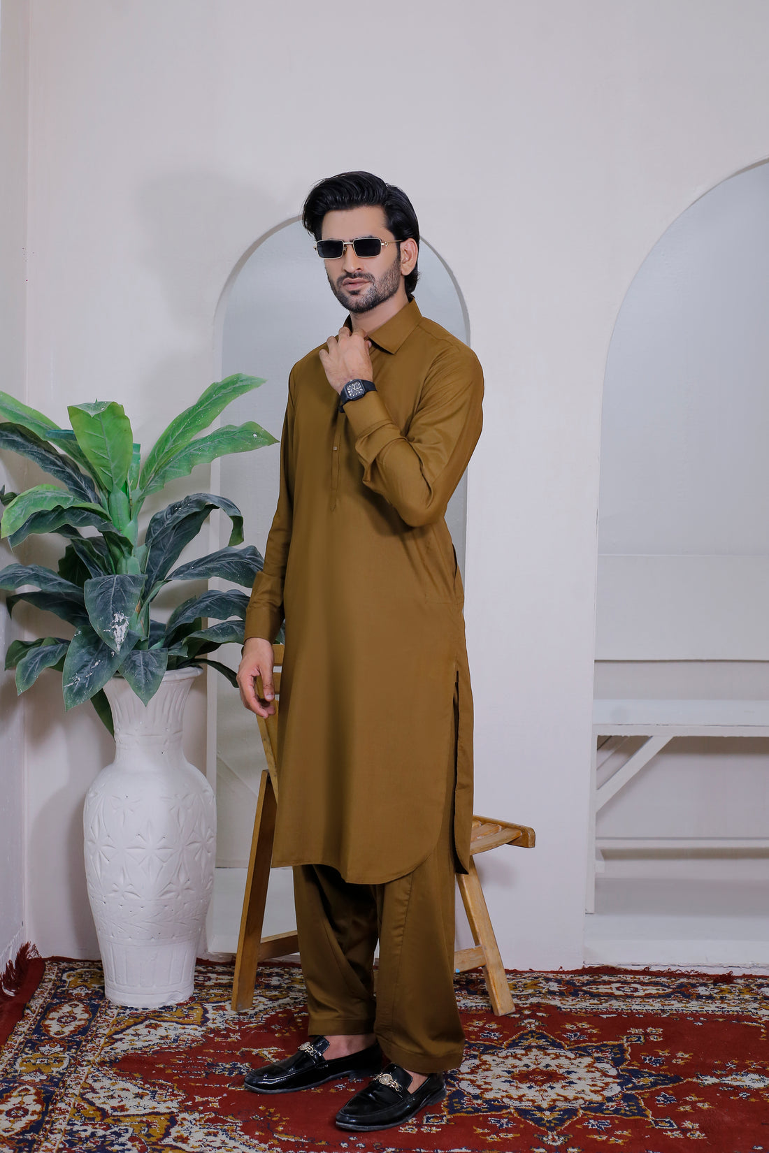 Drit Brown Men's Kurta Shalwar – Shirt Collar Style