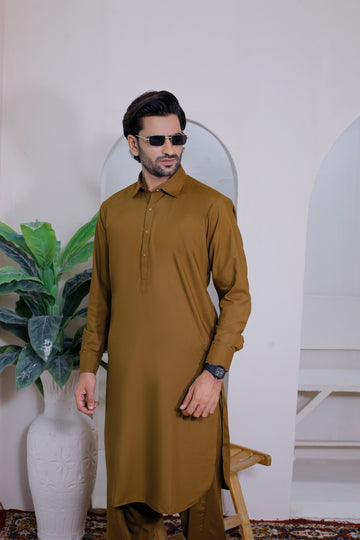 Drit Brown Men's Kurta Shalwar – Shirt Collar Style
