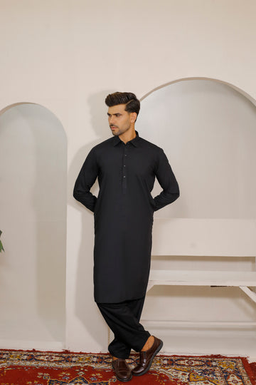 Jet Black Men's Kurta Shalwar – Shirt Collar Style
