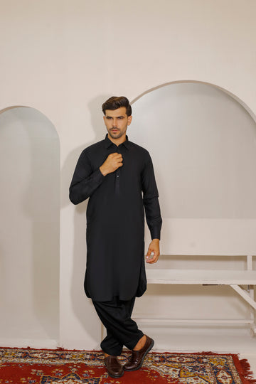 Jet Black Men's Kurta Shalwar – Shirt Collar Style