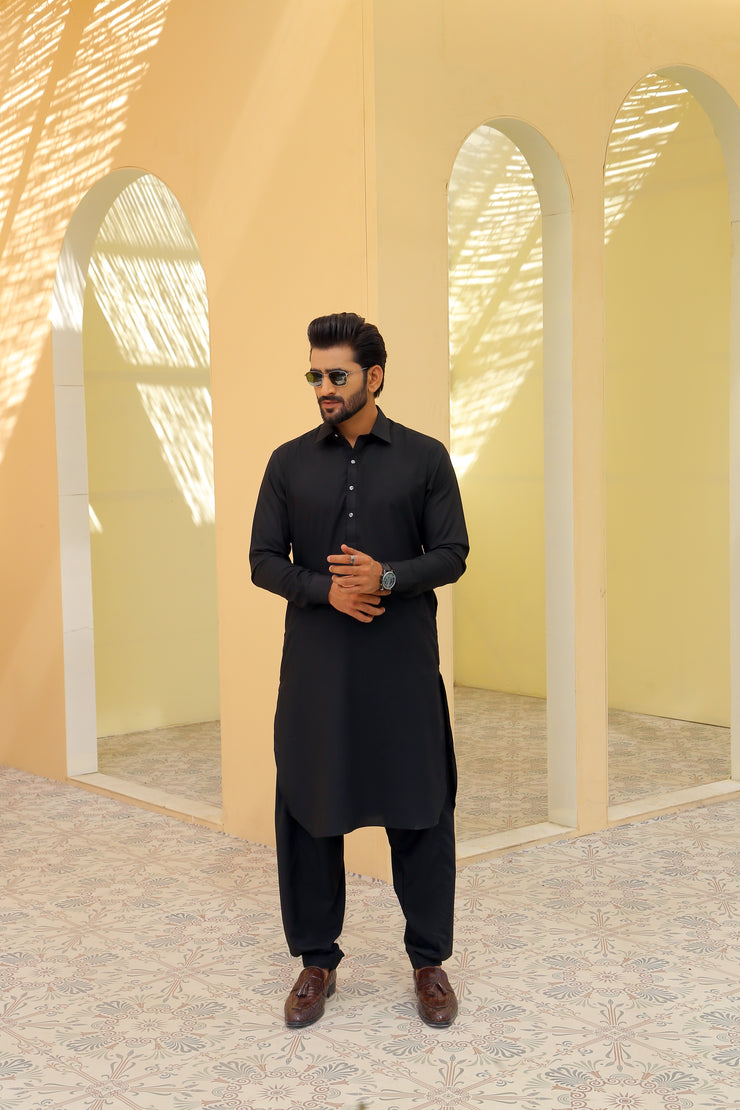 Stitched Jet Black Kameez Shalwar