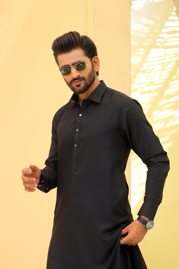 Stitched Jet Black Kameez Shalwar